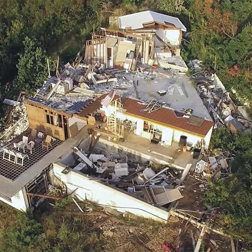 Aerial view of the aftermath devastation of a home in the US Virgin Islands
