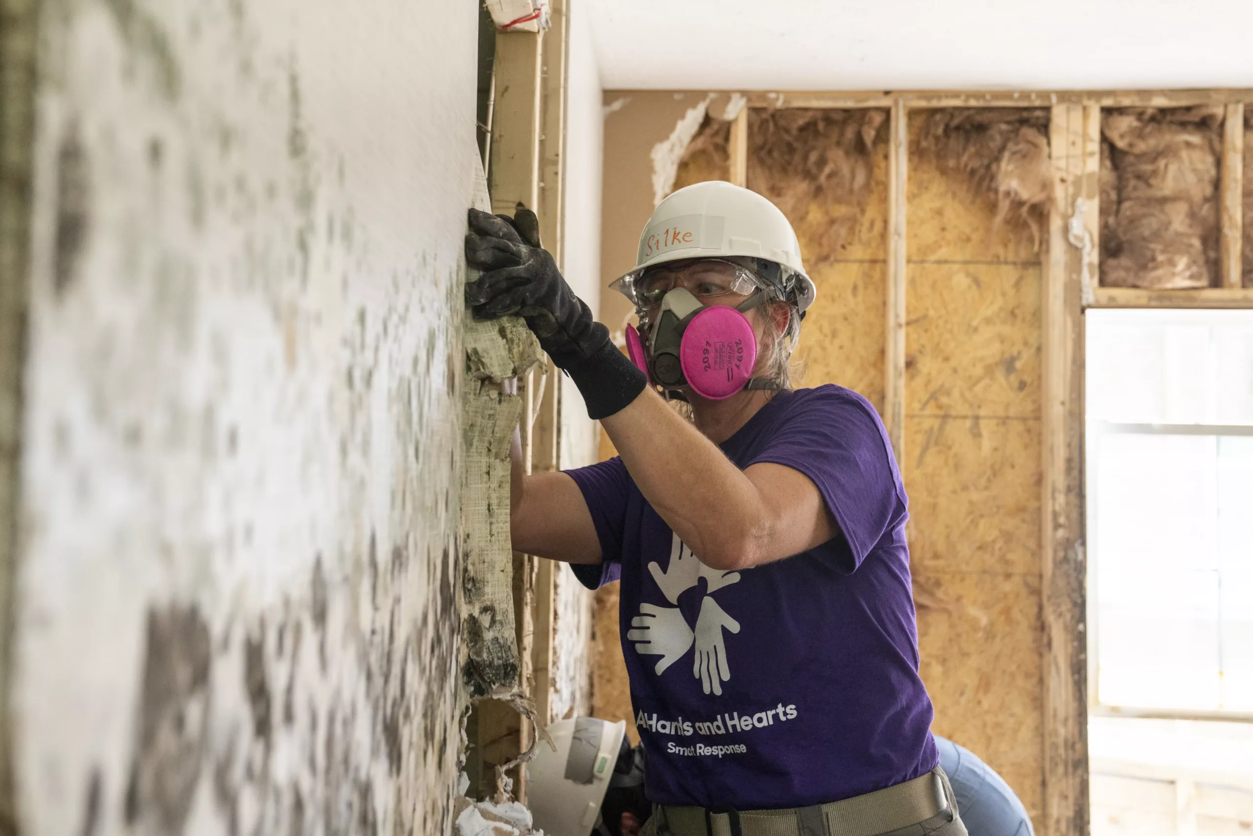 Volunteer removing mold growth in flood-damaged home, Kentucky
