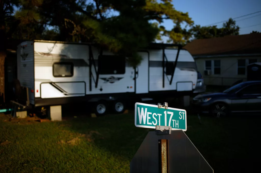 Road sign in front of temporary home